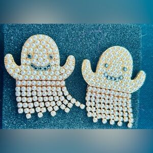 White Pearl & Crystal Ghost Fun Earrings NEW